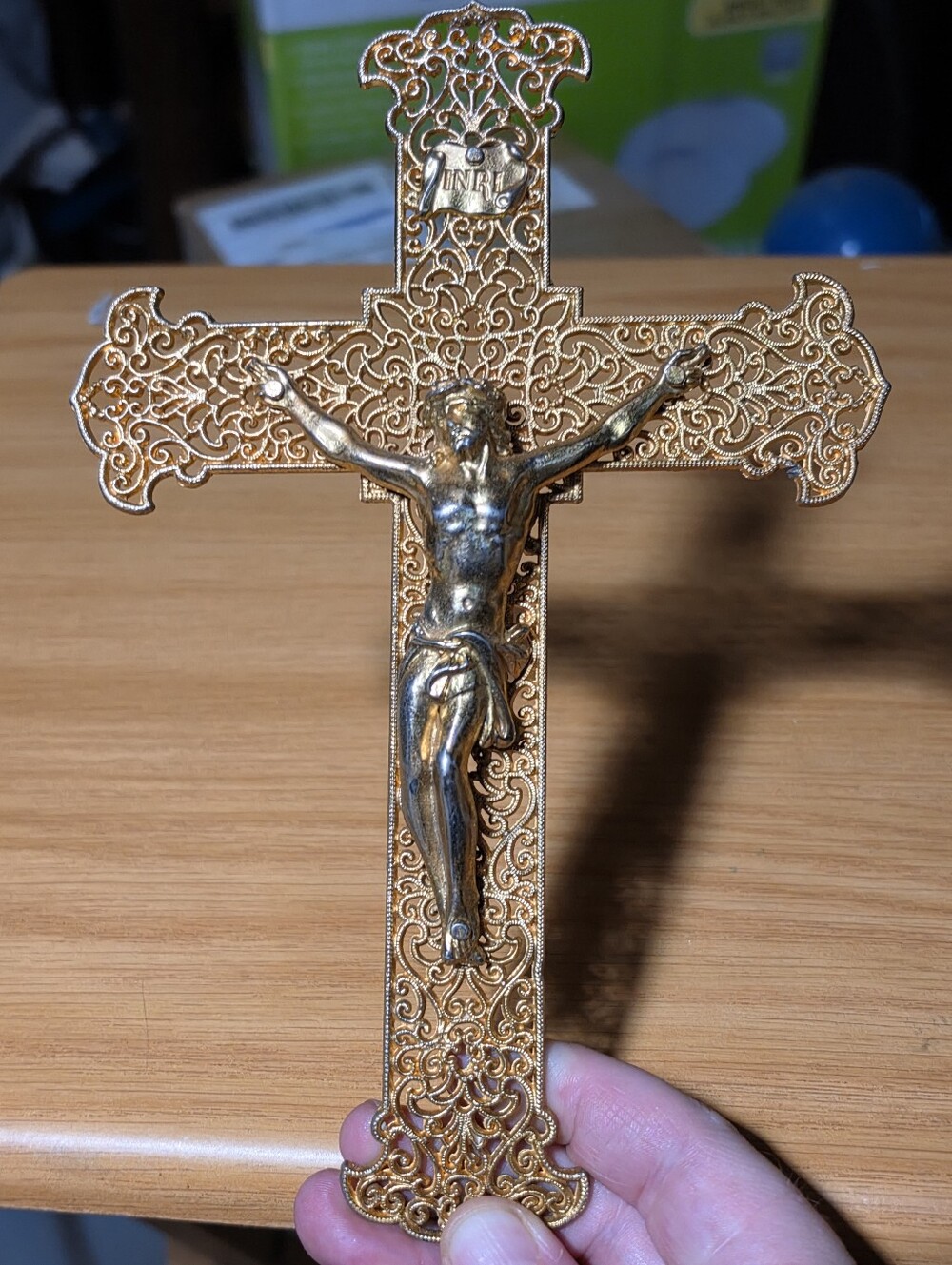 8" Vintage Wall Crucifix Hanging Filigree Gold Tone Crucifix & Jesus Christ